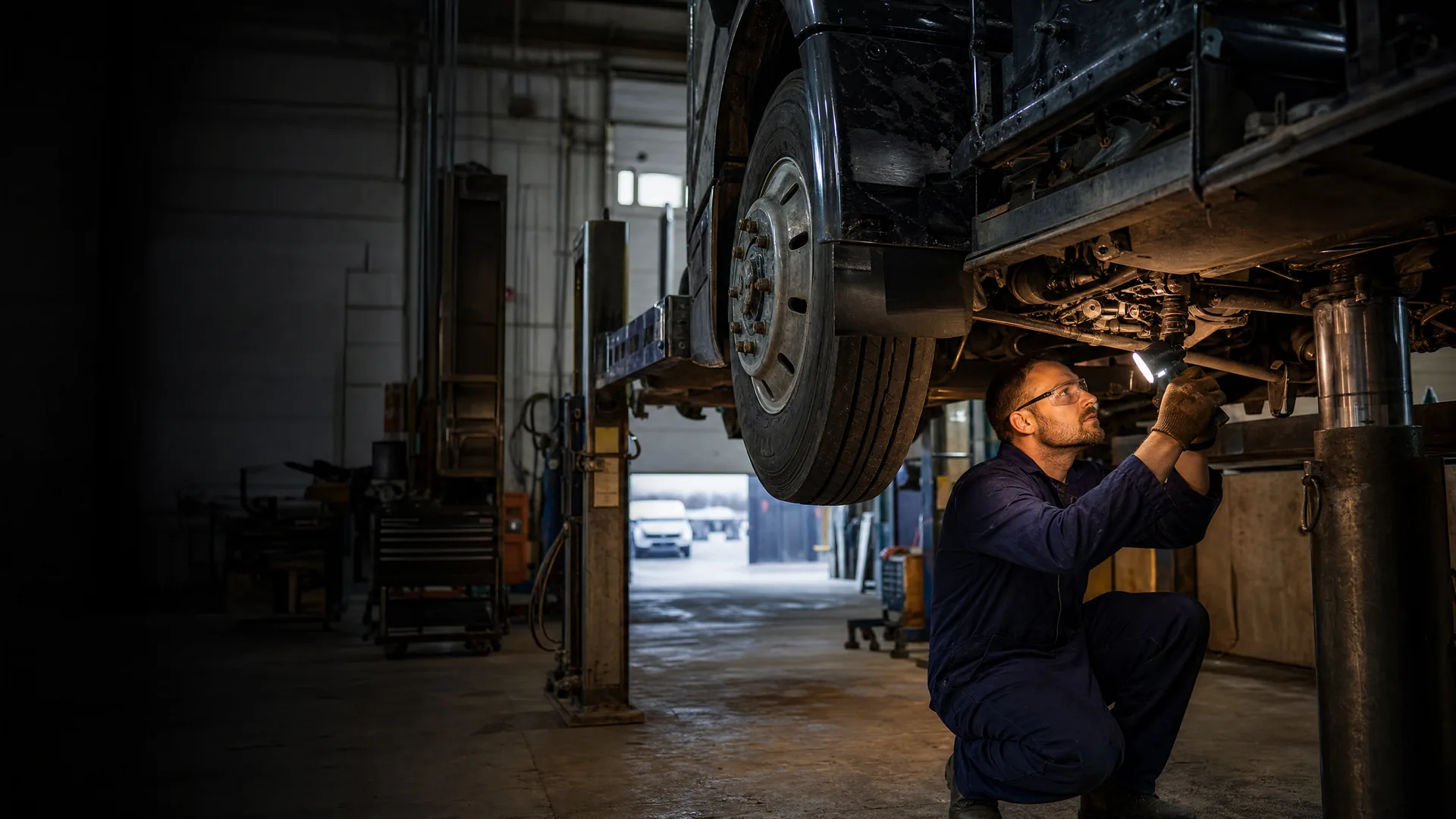 Diesel mechanic working beneath a Class 8 truck in a dark maintenance shop