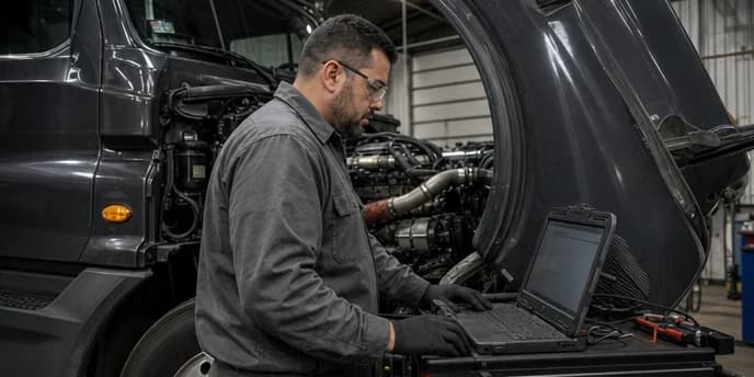 Fleet mechanic checking a diagnostic laptop beside an open truck engine