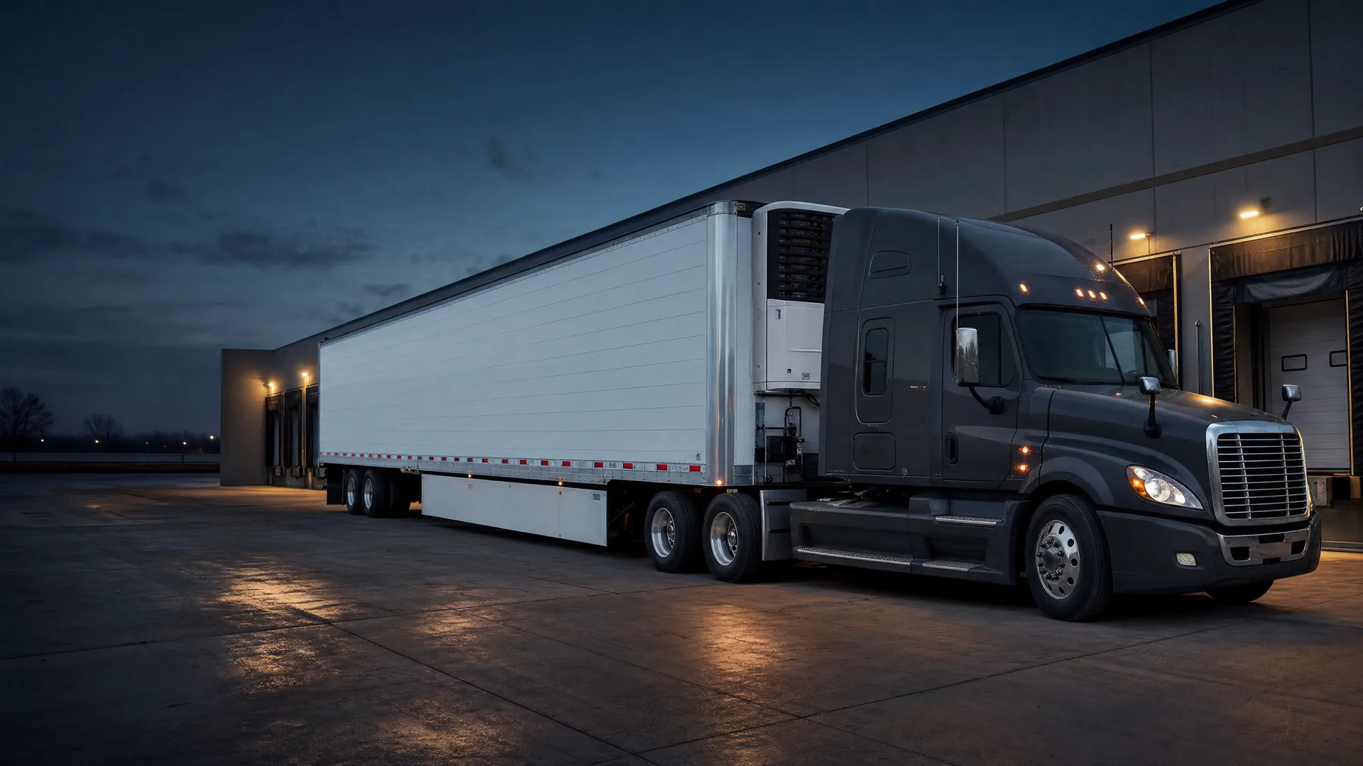 Refrigerated trailer with its refrigeration unit at a fleet facility