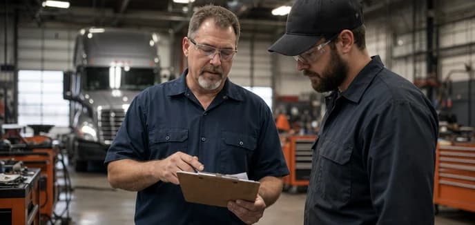 Shop foreman reviewing a maintenance checklist with a technician in a truck service bay