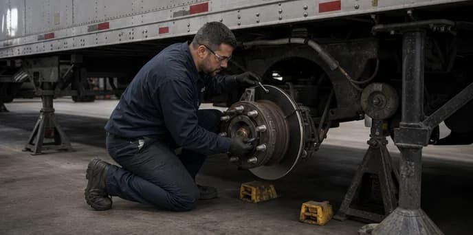 Trailer technician inspecting the brake and wheel hub of a supported dry van trailer