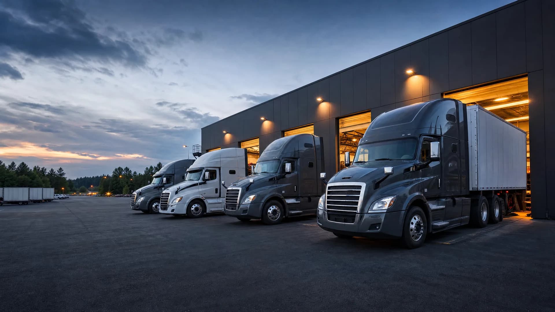 Heavy-duty trucks lined up in a fleet yard at dusk