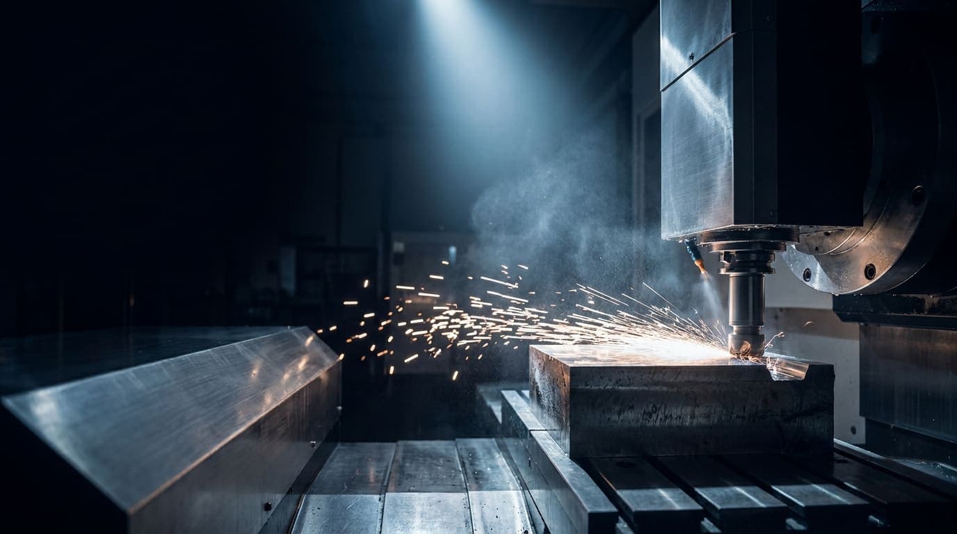Five-axis CNC machine cutting steel in a dark shop, sparks flying off the tool