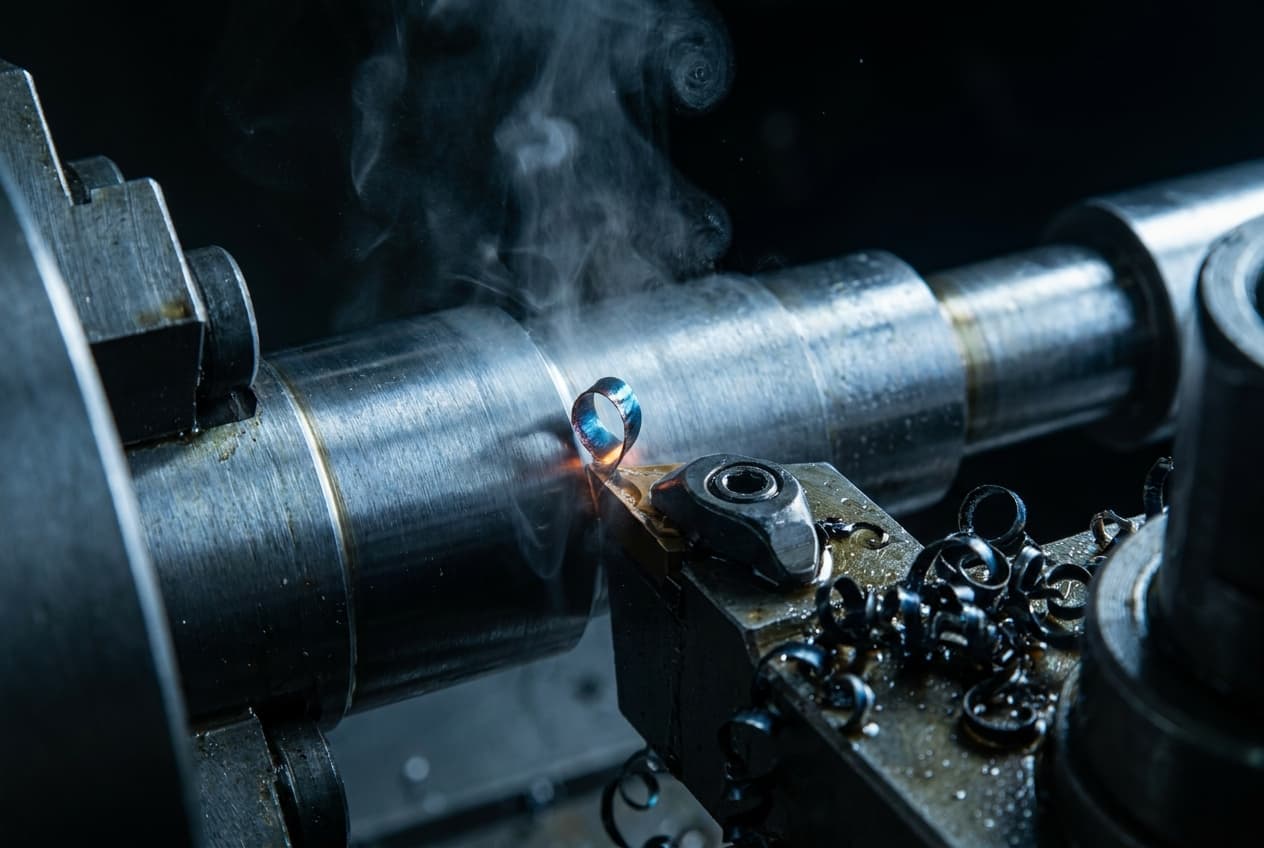 CNC lathe spindle turning a steel shaft, a glowing chip curling off the cutting tool