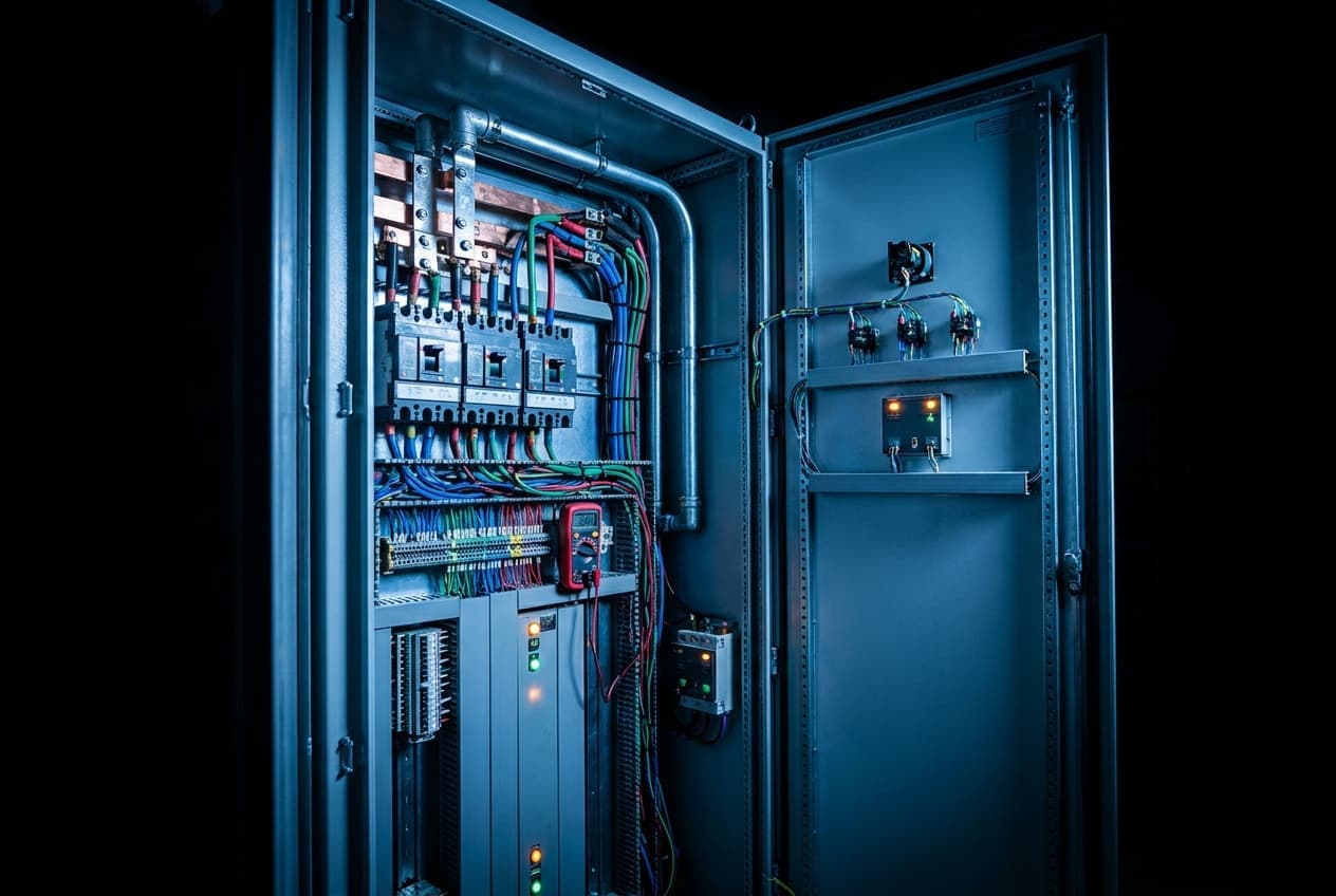 Motor control center cabinet with breakers, copper busbar, and organized wiring