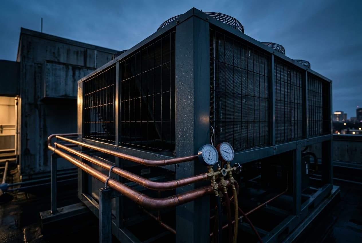 Rooftop industrial chiller at dusk with copper refrigerant lines and manifold gauges