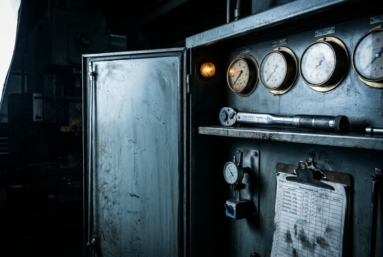 Open steel control cabinet with pressure gauges, a torque wrench, and a maintenance log