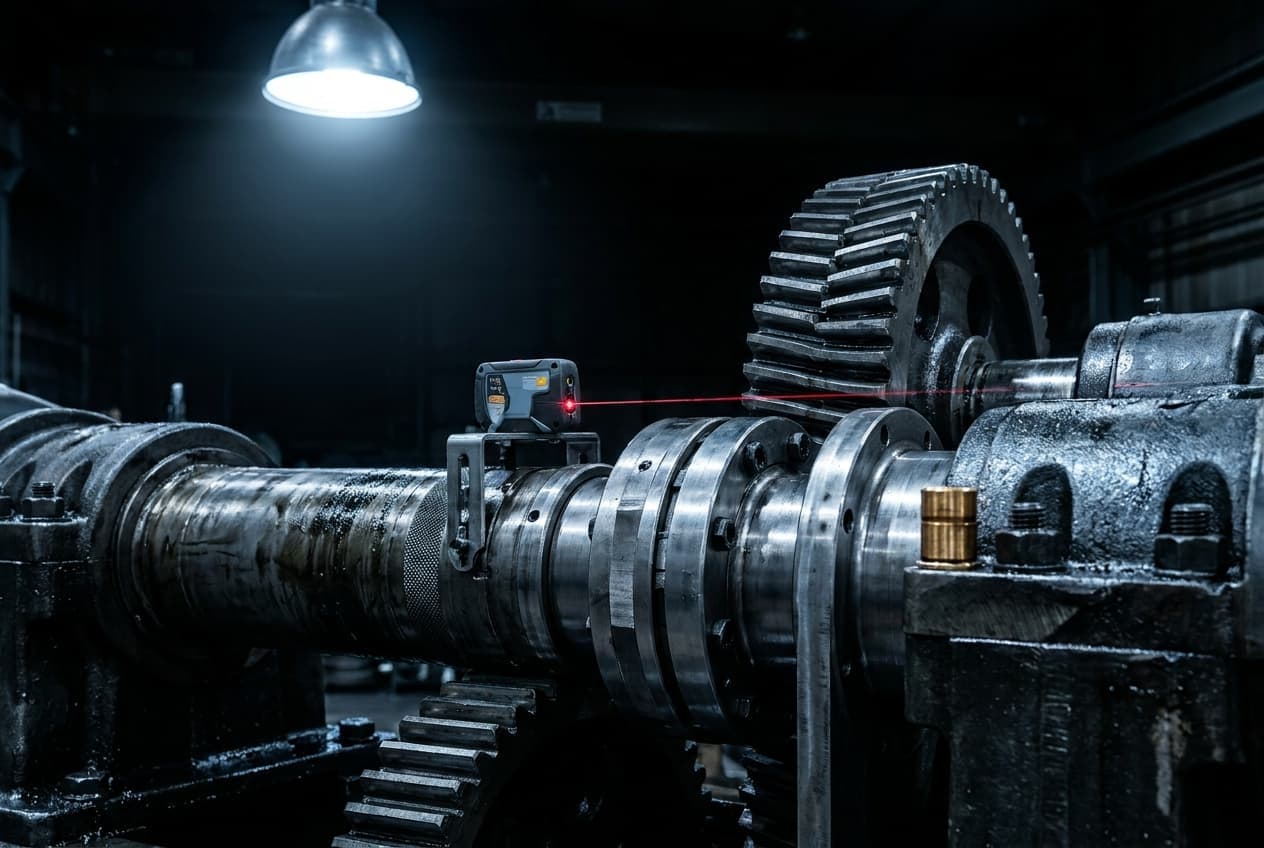Heavy industrial gears and a shaft coupling under a work light with a laser alignment tool